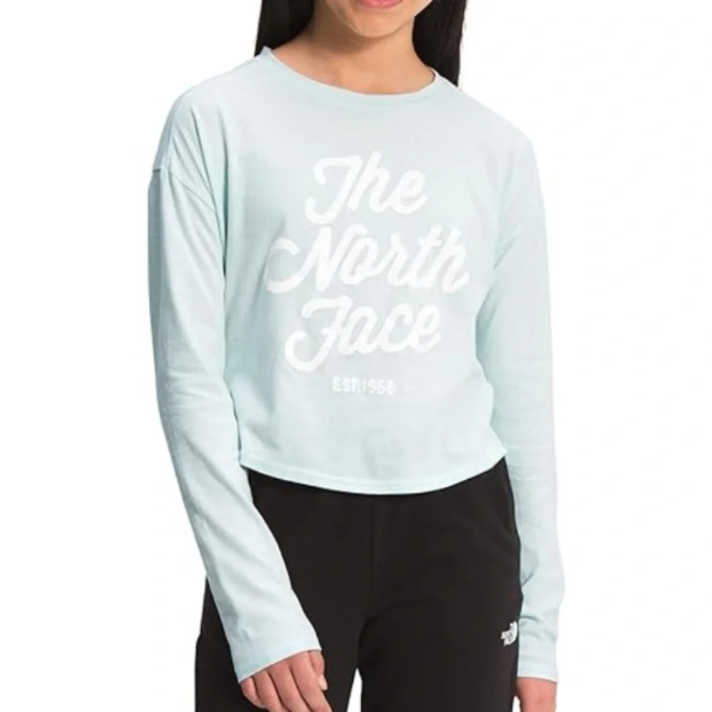The North Face Girls 14/16 Light Blue Logo Long Sleeve Tee Shirt Large Outdoors